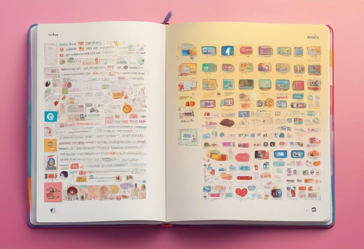 An engaging digital diary spread open, displaying vibrant visual narratives with illustrations of diverse social media icons surrounding it. The background features a dynamic collage of digital graphics and storytelling elements, highlighting the power of branding. Include a glowing effect on the diary to symbolize inspiration and creativity. super-realistic. vibrant colors. soft gradient background.