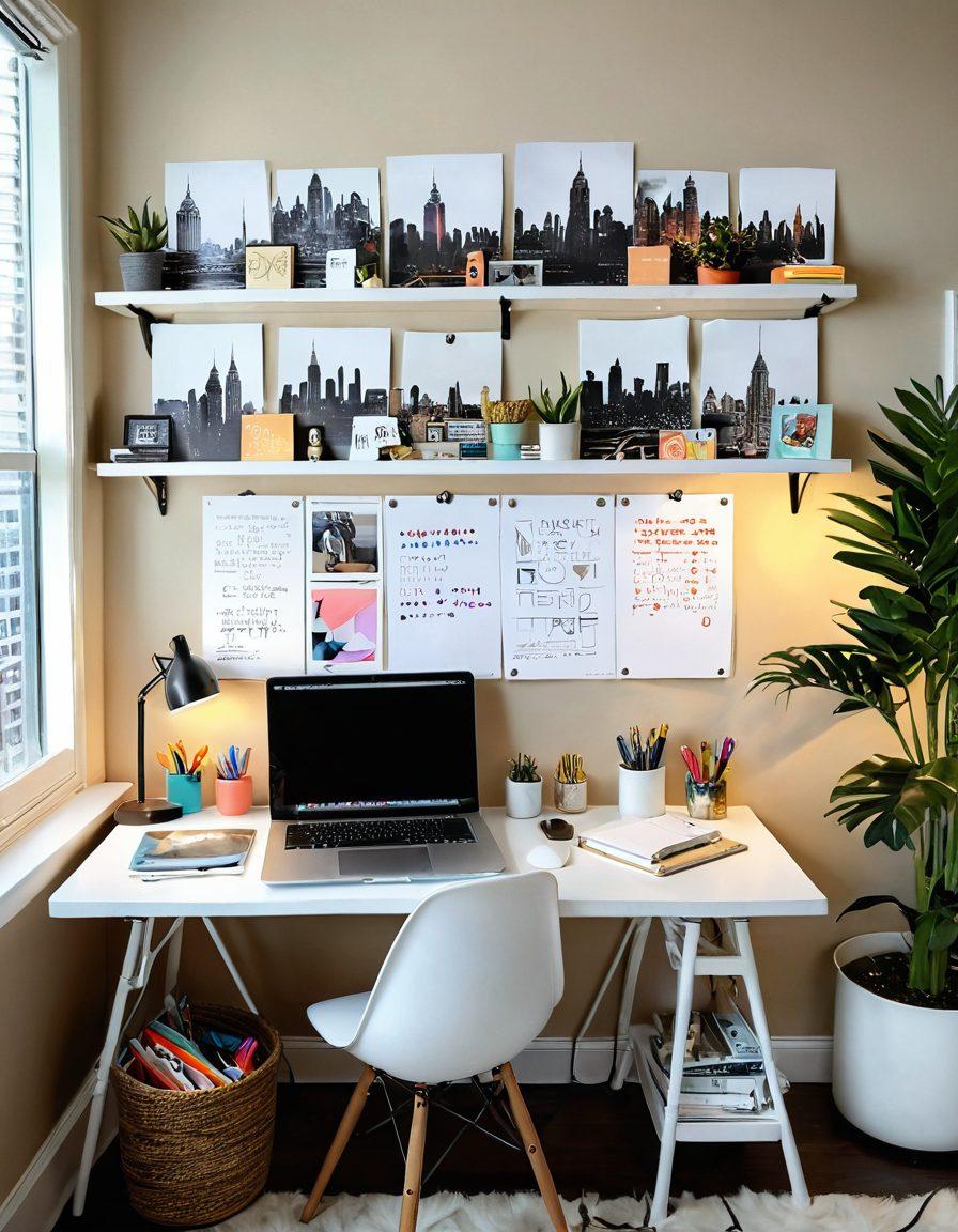 An inviting workspace featuring a beautifully arranged desk with a laptop open to a vibrant blogging platform, surrounded by notebooks, colorful pens, and photos pinned on a mood board. A cozy chair and gentle lighting create a warm atmosphere, while digital devices like tablets show eye-catching social media feeds. The backdrop showcases a city skyline symbolizing connectivity. artful, modern, warm colors.