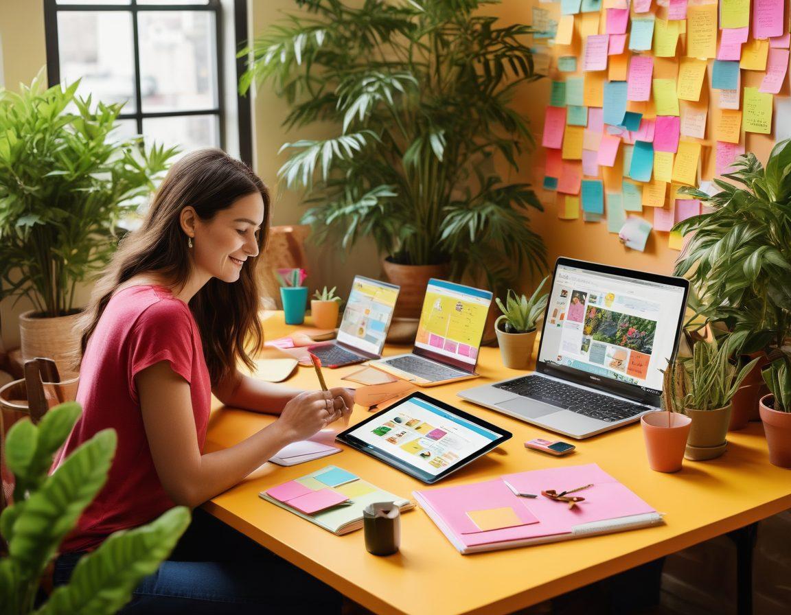 A vibrant, bustling community scene featuring diverse individuals joyfully sharing content on various devices. Include elements like laptops, smartphones, and notepads with colorful sticky notes showcasing user-generated ideas. Infuse a warm, inviting atmosphere with lush greenery and a sunny backdrop representing creativity and inspiration. Incorporate whimsical art and playful typography around the scene. super-realistic. vibrant colors. 3D.